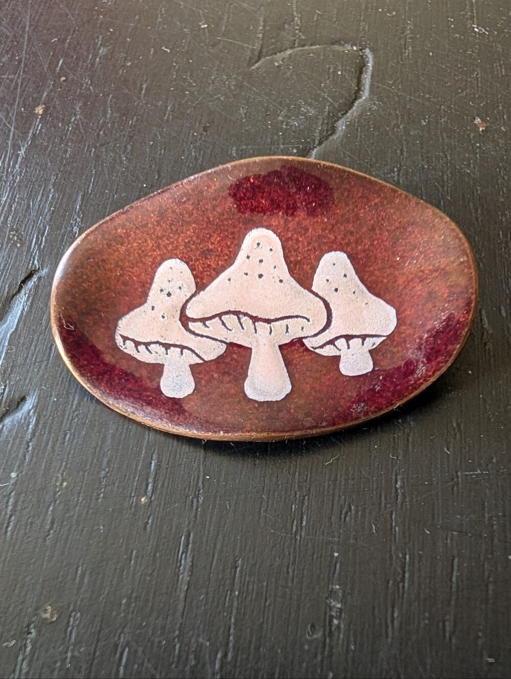 Vintage 1960s Copper Red Enamel Brooch with White Mushrooms Whimsical Eclectic